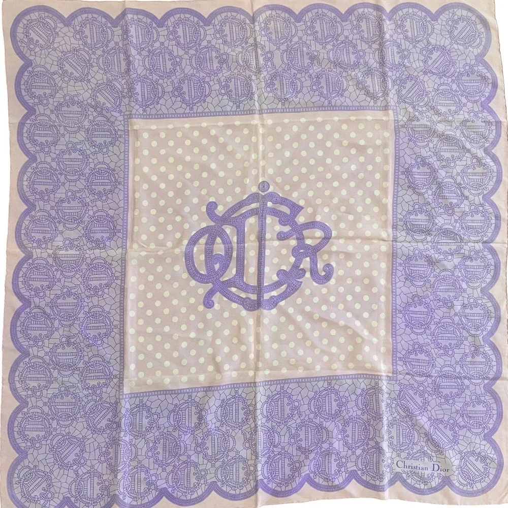 Auth. Christian Dior Pink & Lavender Silk Scarf Polka Dot & Logo Monogram Design